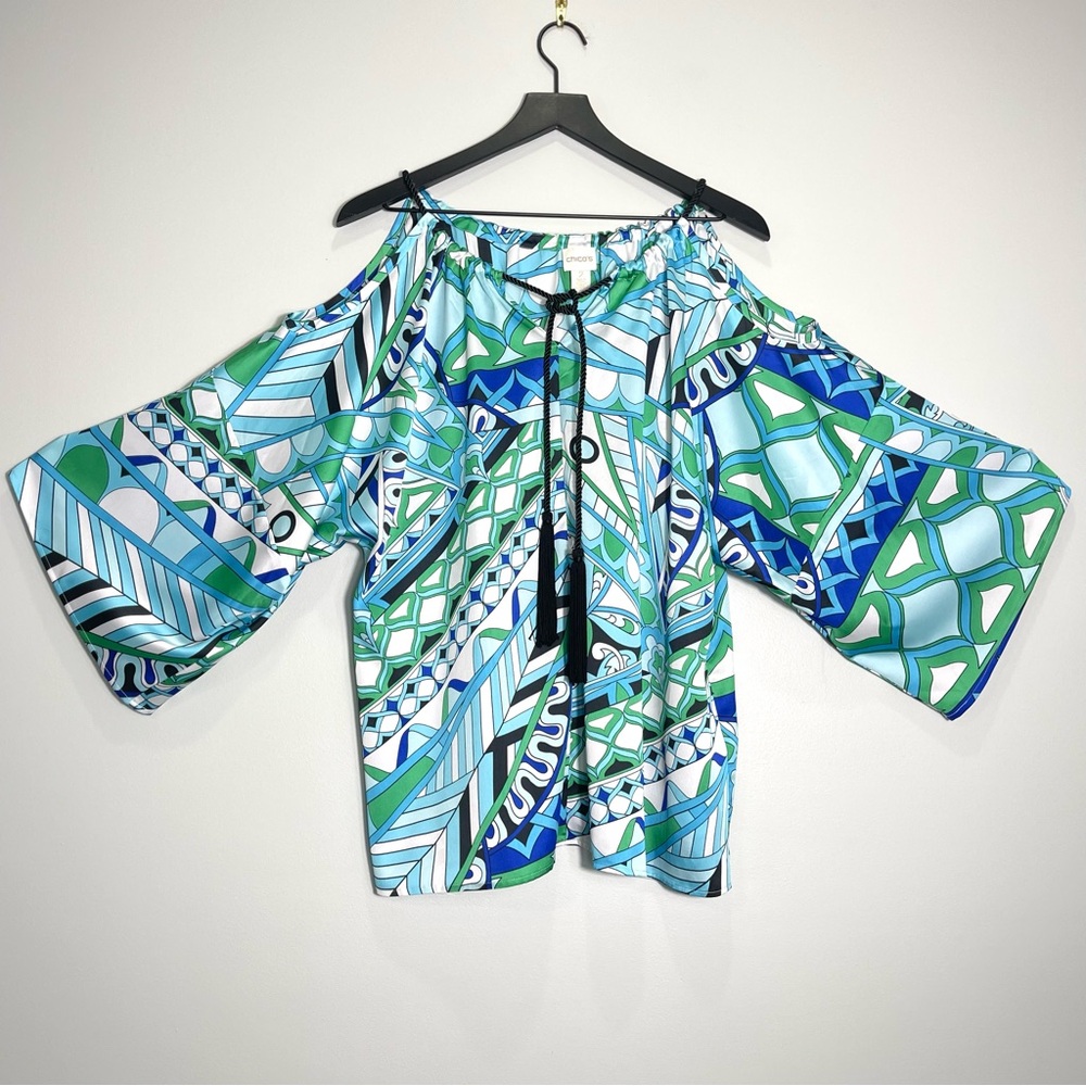 CHICO'S Lightweight Blue Green Halter Blouse Geometric Print Tassel Tie Size Med